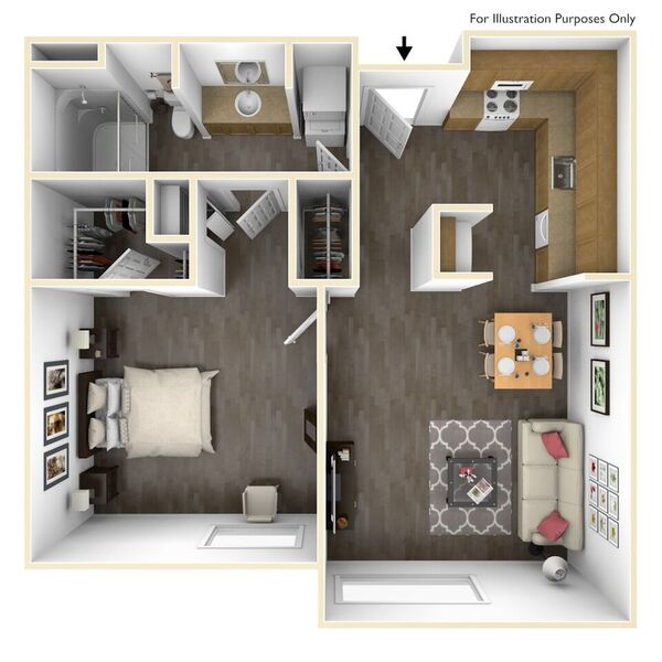 Floor plan for 1 bed, 1 bath, 543 sqft
